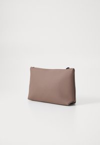 Rectangular clutch bag in soft brown fabric with a smooth texture, featuring a discreet zipper closure and clean, minimalistic design.