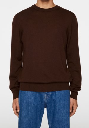 Man die een donkerbruine trui met lange mouwen en een blauwe spijkerbroek draagt, staand met de armen ontspannen langs het lichaam tegen een effen achtergrond.