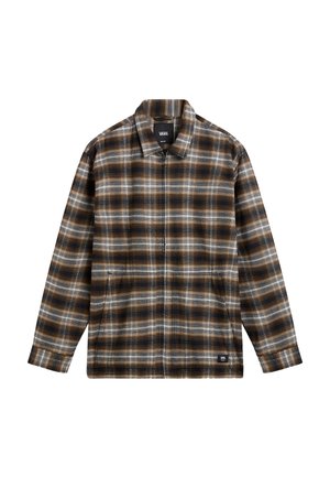 Giacca camicia da uomo con zip, motivo scozzese marrone, nero e bianco, con colletto e tasche laterali, etichetta con logo Vans sull'orlo.