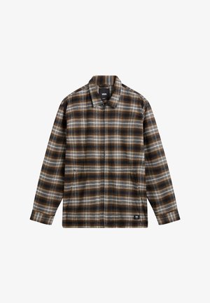 Veste-chemise zippée pour hommes à carreaux marron, noir et blanc, avec col et poches latérales, étiquette du logo Vans à l'ourlet.