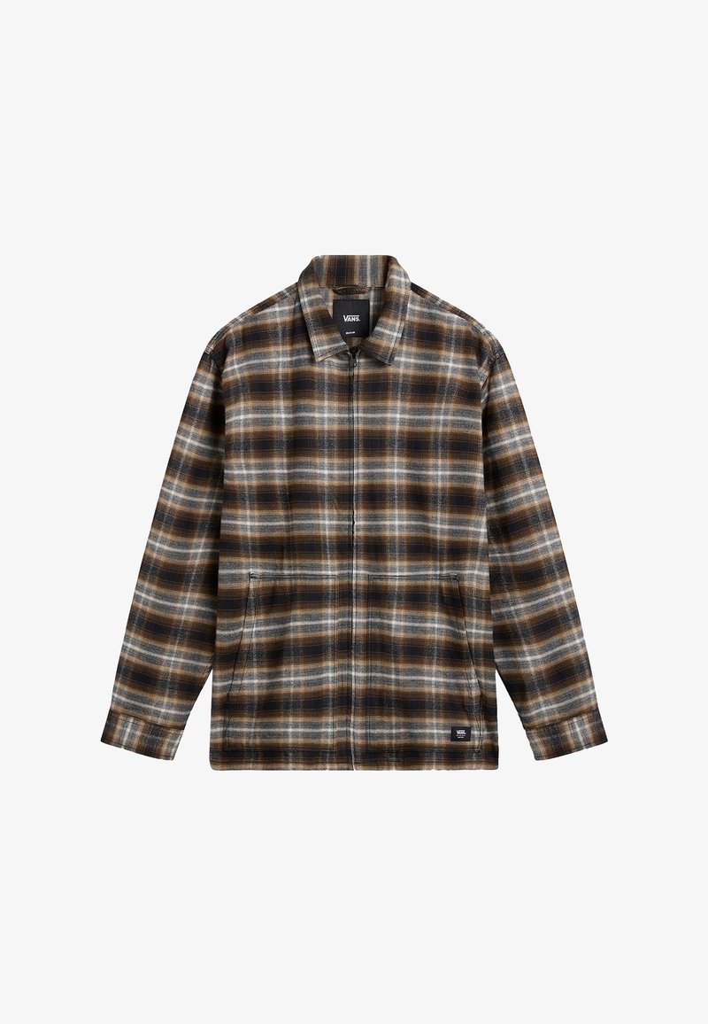 Veste-chemise zippée pour hommes à carreaux marron, noir et blanc, avec col et poches latérales, étiquette du logo Vans à l'ourlet.