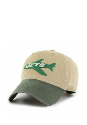 Braune und grüne Baseballkappe mit grünem Flugzeug und weiß besticktem „JETS“-Schriftzug auf dem Vorderteil.