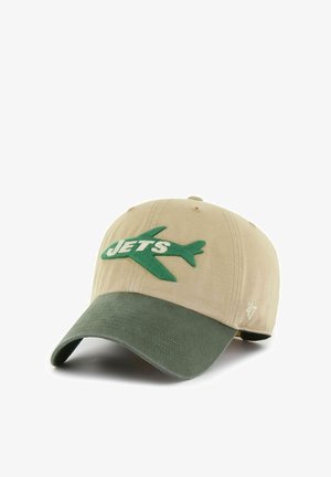 Braune und grüne Baseballkappe mit grünem Flugzeug und weiß besticktem „JETS“-Schriftzug auf dem Vorderteil.