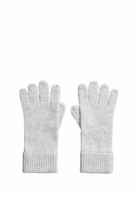 Guanti grigi lavorati a maglia con polsini a coste. Realizzati in materiale morbido, con cinque scomparti per le dita e una texture liscia.