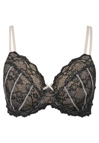 Zwarte kanten beha met beige bandjes, voorzien van florale kanten patronen en decoratieve stiksels. Een klein strikje is centraal tussen de cups geplaatst.