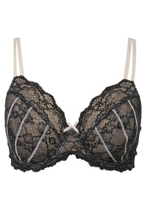 Mustat pitsiliivit, joissa on beige hihnat, kukkakuvioisella pitsillä ja koristeompeleilla. Pienet nauharusetit sijaitsevat kuppeiden keskellä.