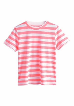 T-shirt med korte ærmer med koralfarvede og hvide vandrette striber, rund halsudskæring, vist på en hvid baggrund.