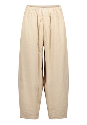 Pantalon ample beige avec une taille élastique et une coupe ample et décontractée, fabriqué dans un tissu léger.