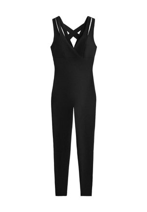 Sort jumpsuit med tætsiddende design, der har et krydsremme-detalje på bagsiden, ærmeløs og med afsmalle ben. Glat tekstur.