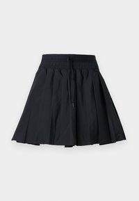 Μαύρη πλισέ φούστα με ελαστική μέση και κορδόνι, μήκους μέχρι το γόνατο, σε απλό ανοιχτό γκρι φόντο.