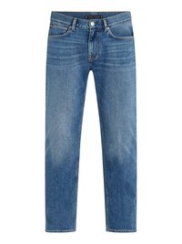 Light blue denim jeans with a straight leg design, faded wash, five-pocket styling, contrasting stitching, and a front button closure.