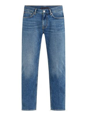 Light blue denim jeans with a straight leg design, faded wash, five-pocket styling, contrasting stitching, and a front button closure.