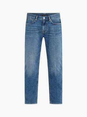 Lysblå denimjeans med lige ben, falmet vask, fem-lomme design, kontraststikning og lukning med knap foran.