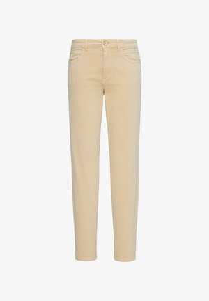 Beige katoenen broeken met een slim fit, voorzien van voorzakken, riemlussen en een enkele knoopsluiting. Glad textuur en recht model.