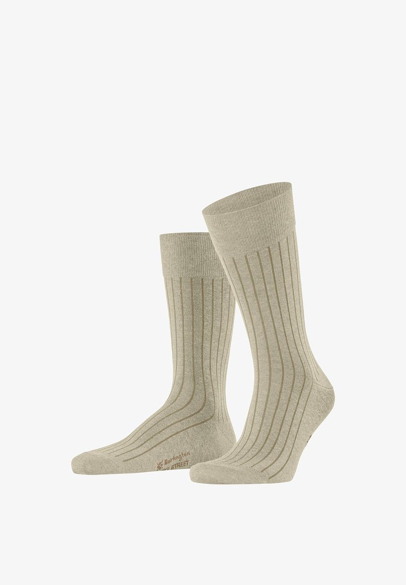 Paire de chaussettes beige mi-mollet avec un motif côtelé vertical et le logo "Burlington Free Street" sur le côté.