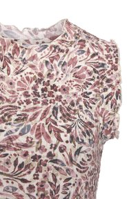 Blumen Kleid aus leichtem Stoff mit einem Rüschenausschnitt. Das Design umfasst Nuancen von Rosa, Burgunderrot und Creme mit filigranen Blättermustern.