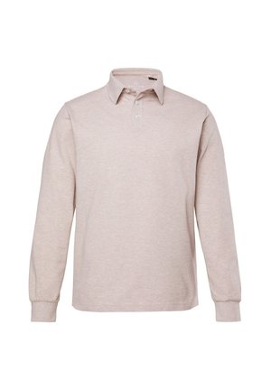 Lichtbeige poloshirt met lange mouwen van zachte stof. Heeft een puntige kraag en een drieknoopsluiting. Eenvoudig, gestructureerd uiterlijk.