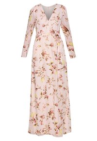 Abito a portafoglio floreale in tessuto rosa chiaro, con maniche lunghe, scollatura a V profonda, cintura annodabile e stampe botaniche in tonalità di rosa e verde.