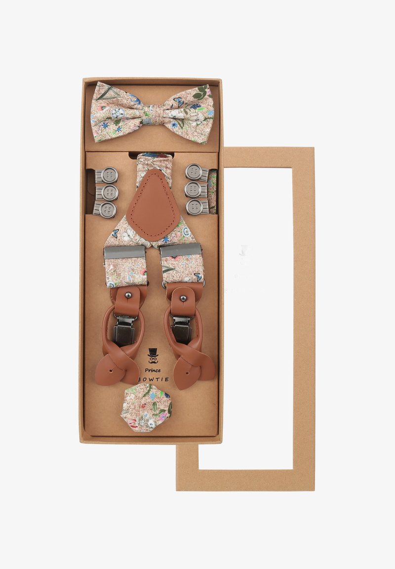 Blumenmuster-Hosenträger mit braunen Lederakzenten, passender Fliege und grauen Metallclips, präsentiert in einer Pappschachtel.