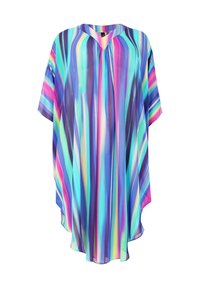 Bunter, leichter Kaftan mit V-Ausschnitt, kurzen Ärmeln und fließender Silhouette. Gestreiftes Muster in Blau-, Lila- und Rosatönen.