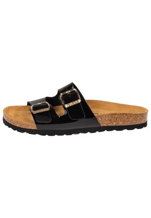 Sort sandal med to justerbare, skinnende remme og guldspænder, korksål og sort tekstureret sål.