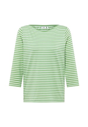 Zeleno-bílý pruhovaný dlouhý rukáv s širokým výstřihem. Vyrobeno z měkké látky, má volný střih a rukávy 3/4.