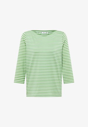 Groen en witte gestreepte lange mouw top met een wijde halslijn. Gemaakt van zachte stof, heeft het een ontspannen pasvorm en 3/4 mouwen.