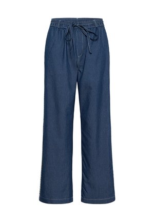 Pantalon à jambes larges rayé bleu avec une taille à cordon, fabriqué en tissu léger. Présente des rayures blanches verticales et une coupe décontractée.