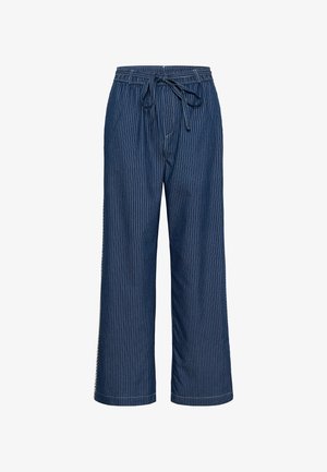 Pantalon à jambes larges rayé bleu avec une taille à cordon, fabriqué en tissu léger. Présente des rayures blanches verticales et une coupe décontractée.