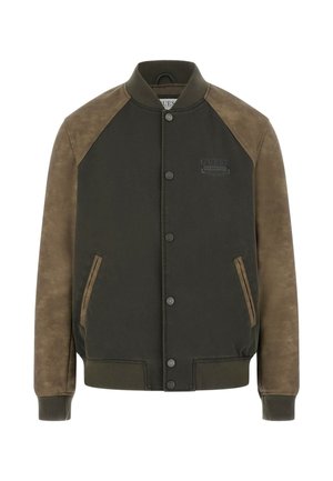 Zielona i brązowa kurtka bomberka z zapięciem na zatrzaski, prążkowanym kołnierzem i mankietami, z dwoma bocznymi kieszeniami i teksturowanym wykończeniem.