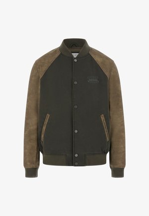 Grüne und braune Bomberjacke mit Druckknopfverschluss, geripptem Kragen und Bündchen, zwei Seitentaschen und strukturierter Oberfläche.