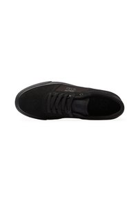Black sneaker with suede and mesh upper, round toe, lace-up design, minimal branding, rubber sole, and perforated detailing on the toe box.