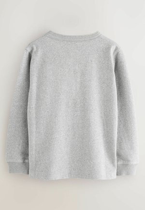 Grauer langärmeliger Sweatshirt aus weichem Material; mit Rundhalsausschnitt und gerippten Bündchen. Schlichtes Design ohne sichtbare Muster oder Akzente.