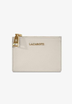 Porte-carte en cuir gris clair avec une texture, doté d'une fermeture éclair et de quincaillerie dorées, et d'un logo "LAZAROTTI" embossé sur le devant.