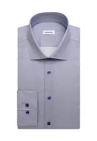 Chemise habillée bleu clair pliée avec un petit motif géométrique foncé, boutonnée à l'avant, et une étiquette indiquant seidensticker à l'intérieur du col.