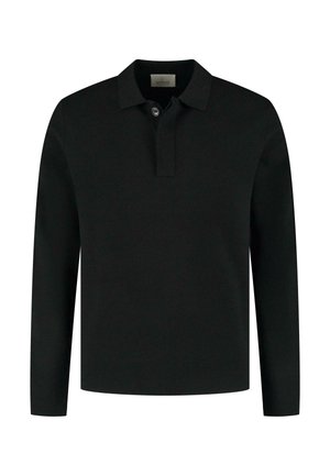 Polo de manga larga negro hecho de tejido suave, con collar clásico, placket de dos botones y diseño minimalista.
