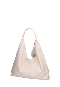 Borsa a spalla in pelle beige chiaro con una texture morbida, design morbido e un manico a incavo distintivo per un facile trasporto.