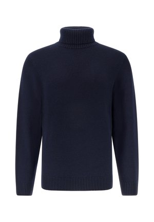 Tmavě modrý rolák vyrobený z pletené látky. Obsahuje pružný límec a manžety, s texturovaným povrchem a volným střihem.