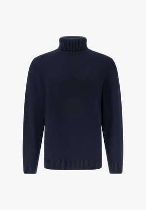 Maglione a collo alto di colore blu navy realizzato in tessuto a maglia. Presenta un colletto e dei polsini a costine, con una finitura testurizzata e una vestibilità comoda.