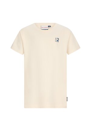 Beige T-shirt met korte mouwen, ronde hals en een klein donkerblauw "Retour"-logo op de bovenste linkerborst.