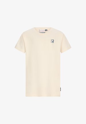 Beżowy T-shirt z krótkim rękawem, okrągłym dekoltem i małym ciemnoniebieskim logo "Retour" na górnej lewej stronie piersi.