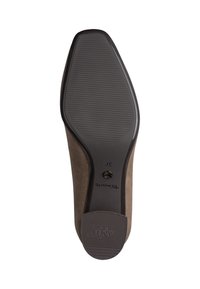 Semelle de chaussure marron de forme rectangulaire, partie inférieure texturée, taille 37 marquée, et texte "Anti Slide" sur la partie du talon.