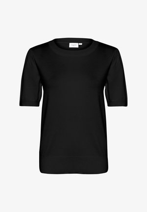 Juodas megztas trumpomis rankovėmis viršus su apvaliu kaklu ir raibota apačia. Pagamintas iš lygaus audinio su paprastu, švariu dizainu. Etiketė matoma vidinėje kaklo pusėje.