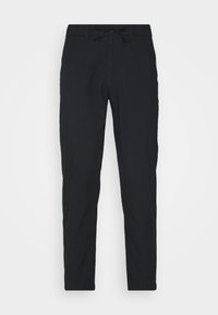 Black, lightweight trousers with an elastic waistband and drawstring. Features a straight leg design and smooth texture. No patterns or accents.