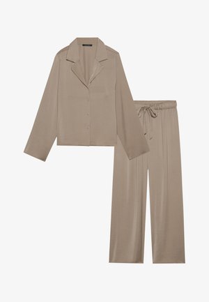 Beige pajama set featuring a button-down long-sleeve shirt and wide-leg pants with an elastic waistband and drawstring. Soft, smooth fabric.