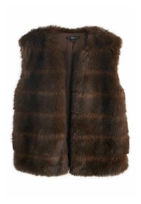 Vest din blană sintetică de culoare maronie, cu un design fără guler, având dungi orizontale și o textură moale și pufoasă. Fără închideri vizibile.