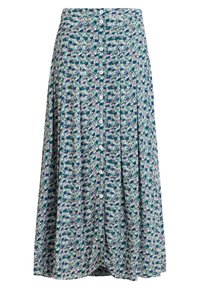 Blumiger Midirock aus leichtem Stoff mit grünem Grundton und Mustern in Rosa und Navy, Knopfleiste und Faltenoptik.