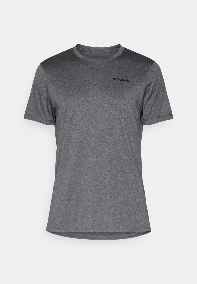 Grijze sportshirt met korte mouwen, gemaakt van lichtgewicht, ademende stof met een gladde textuur; heeft een klein logo op de bovenste linkerkant.