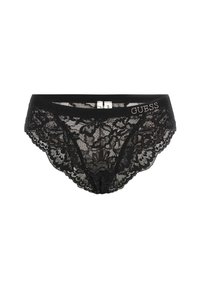 Mutandine in pizzo nero con motivi floreali e bordi ondulati. Presentano una cintura liscia con il logo "GUESS". Etichetta della taglia visibile.