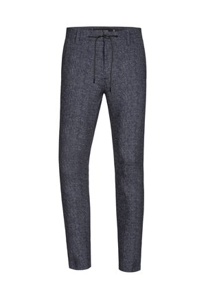 Pantaloni leggeri e tessuti di un grigio scuro, con vita regolabile tramite cordino, design a gamba affusolata e una texture sottile. Senza tasche visibili.